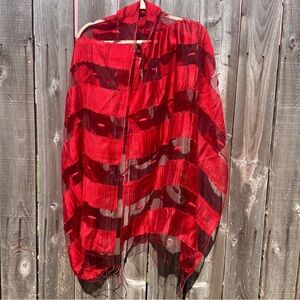 Tanjore Silk Red Sheer Shawl/Scarf Fringes 72” X 27”
